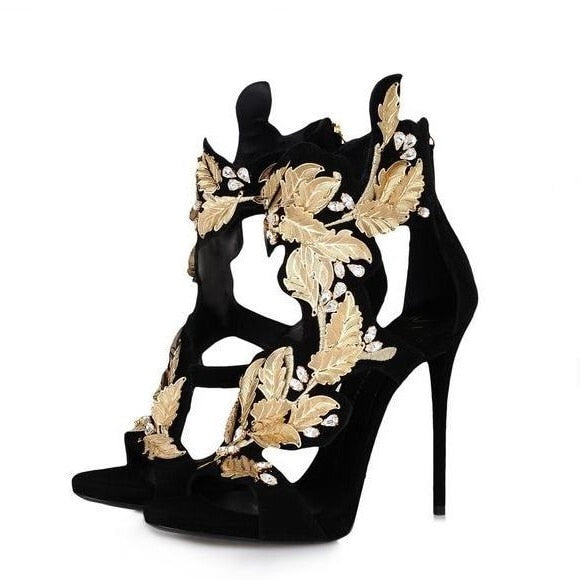 Gold Metallic Leaf Decor High Heel Sandals For Women Peep Toe Crystal Dress Shoes Black Suede Stiletto Heels Pumps Real Photo - LiveTrendsX
