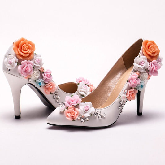 Custom Made White Satin Flower High Heel Lady shoes Elegant Bridal Wedding Shoes Pointed Toe Women Bridesmaid Shoes - LiveTrendsX