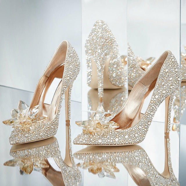Wedding Shoes Woman Wedding Dress Bride Shoe Silver High-heeled Shoes Woman Fine With Princess Rhinestone - LiveTrendsX