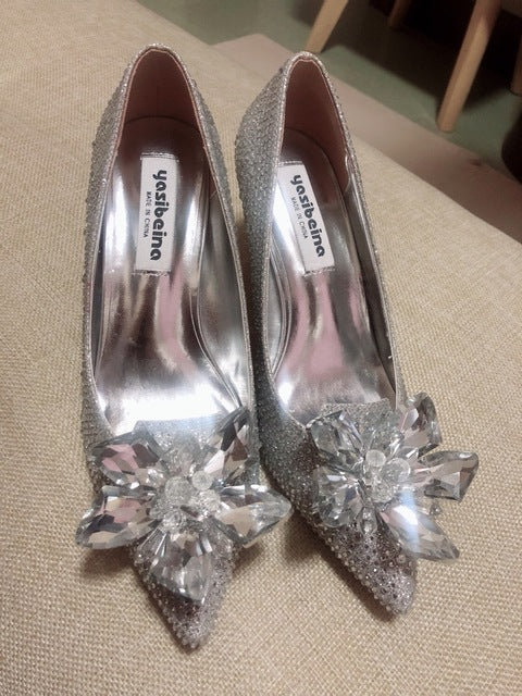 Wedding Shoes Woman Wedding Dress Bride Shoe Silver High-heeled Shoes Woman Fine With Princess Rhinestone - LiveTrendsX