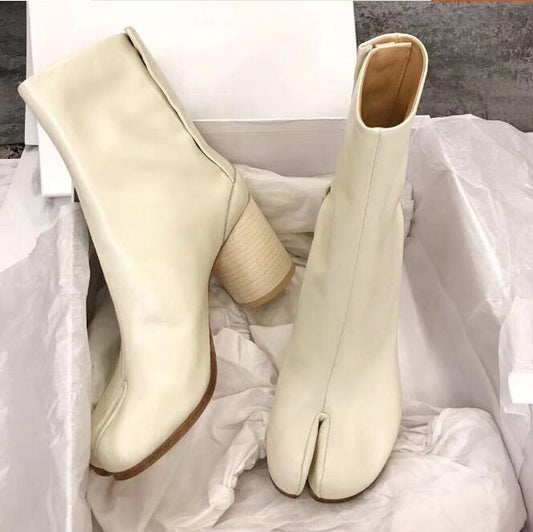 Tabi Split-toe Women Boots cream-colored Leather Buckle Chunky Block Heels Booties Botas Feminina Shoes Woman - LiveTrendsX