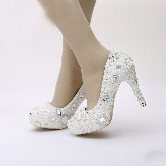 Snow White Elegant Pearl Wedding Shoes Party Prom Platform High Heels Event Pumps Women Shoes Rhinestone Crystal Dress Shoes - LiveTrendsX