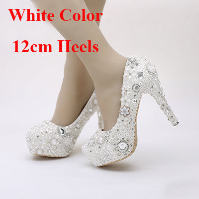 Snow White Elegant Pearl Wedding Shoes Party Prom Platform High Heels Event Pumps Women Shoes Rhinestone Crystal Dress Shoes - LiveTrendsX