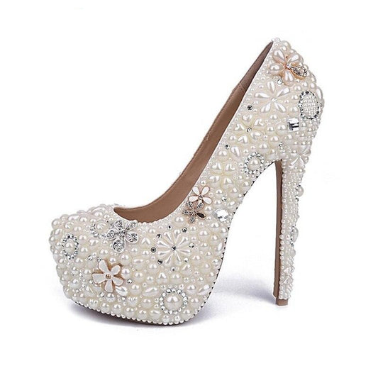 White Pearl Wedding Shoes Wholesales New Beautiful Flower Rhinestone Bridal Shoes Platform High Heels Big Size Women Pumps - LiveTrendsX