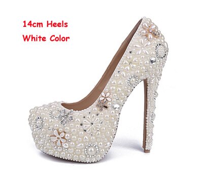 White Pearl Wedding Shoes Wholesales New Beautiful Flower Rhinestone Bridal Shoes Platform High Heels Big Size Women Pumps - LiveTrendsX