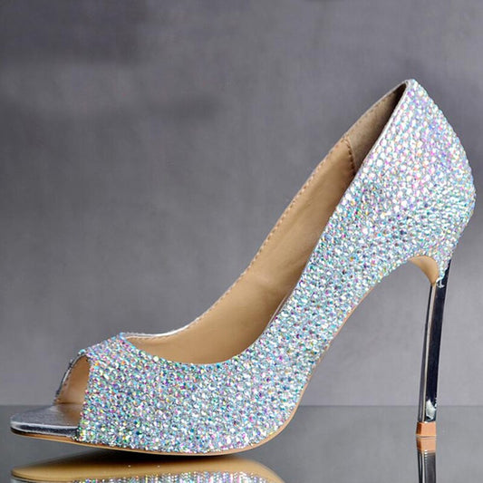 Glasses Slipper Rhinestone Bridal Wedding Shoes AB Crystal Shoes High Heeled Women Stunning Prom Party Pumps - LiveTrendsX