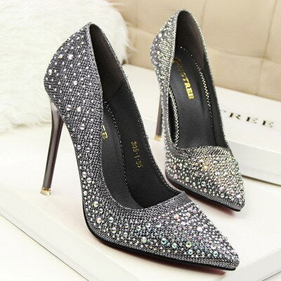 Spring Autumn Women Pumps Sexy Black Gold Silver High Heels Shoes Fashion Luxury Rhinestone Wedding Party Shoes. - LiveTrendsX