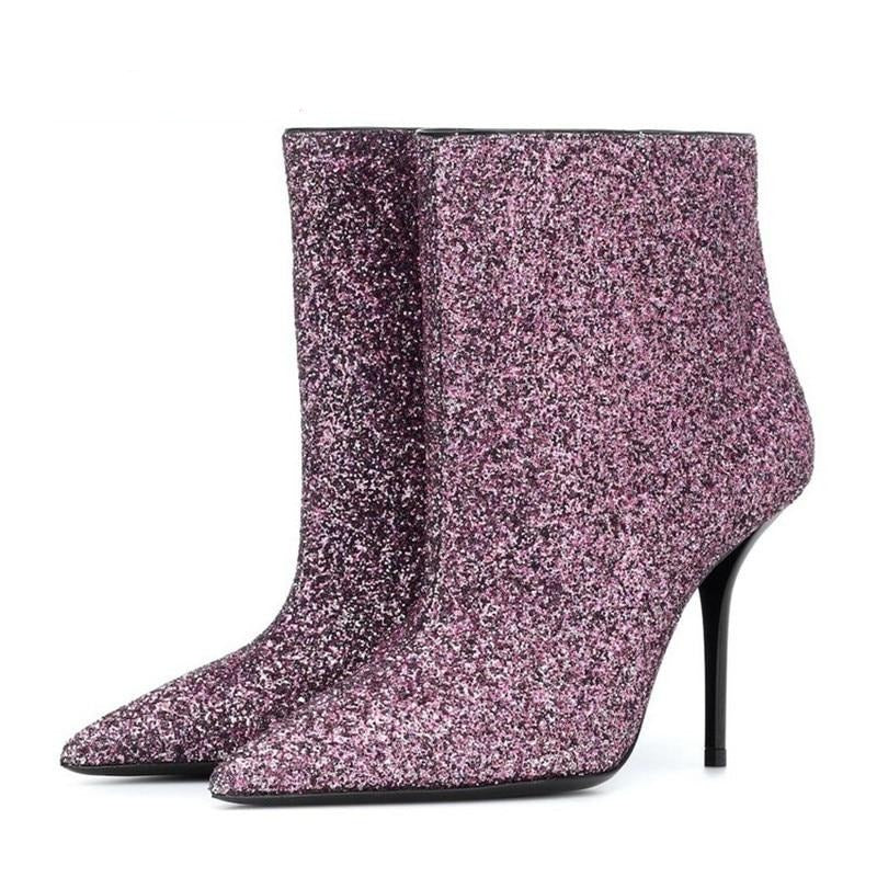 Violet Bling Bling Glittery Ankle Boots Elegant Pointed Toe Stiletto High Heel Sequined Dress Shoes Women - LiveTrendsX