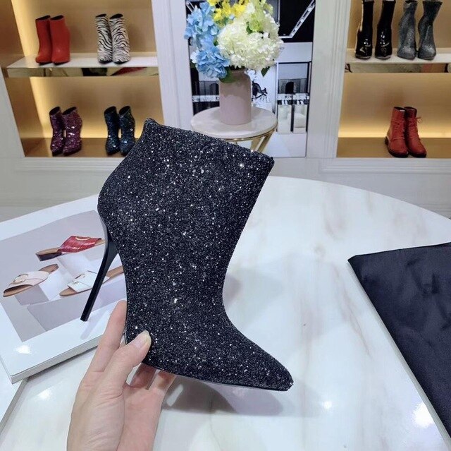 Violet Bling Bling Glittery Ankle Boots Elegant Pointed Toe Stiletto High Heel Sequined Dress Shoes Women - LiveTrendsX