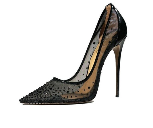 black see through pointed toe ladies shoes 12CM high heels wedding shoes womens pumps crystal pointed toe escarpins femme - LiveTrendsX