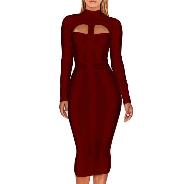 Women White Bandage Dress Bodycon 2020 New Arrivals Sexy Cut Out High Neck Long Sleeve Party Rayon Bandage Midi Dress - LiveTrendsX
