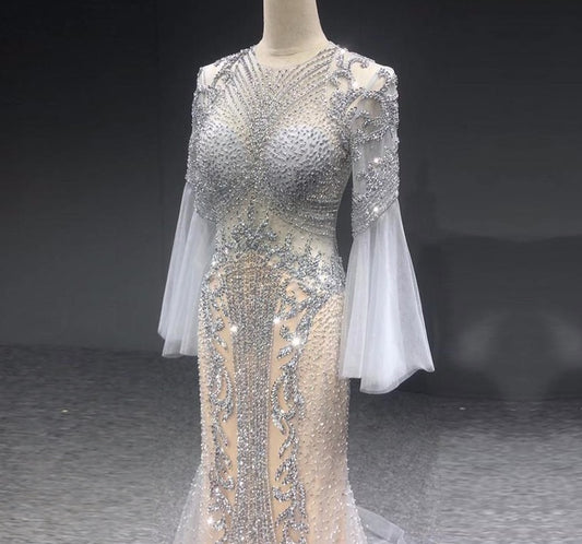 Grey Mermaid Luxury Long Sleeves Evening Dresses 2020 Sparkle Sequined Beading Fromal Dress Long - LiveTrendsX