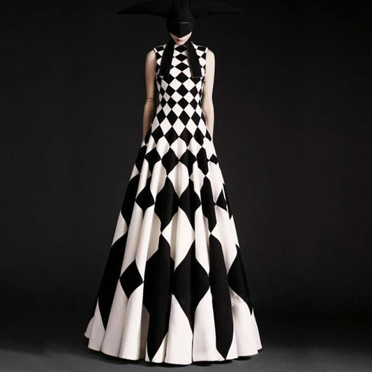 Black And White Plaid Super Hem Sleeveless Maxi Dress