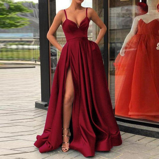Champagne Muslim Evening Dresses 2020 High Slit Satin Spaghetti Straps Sweetheart A-Line Long Prom Dress Burgundy Evening Gown - LiveTrendsX