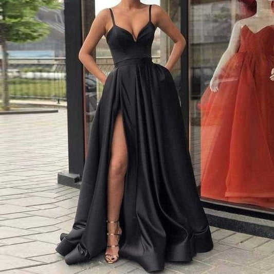 Champagne Muslim Evening Dresses 2020 High Slit Satin Spaghetti Straps Sweetheart A-Line Long Prom Dress Burgundy Evening Gown - LiveTrendsX
