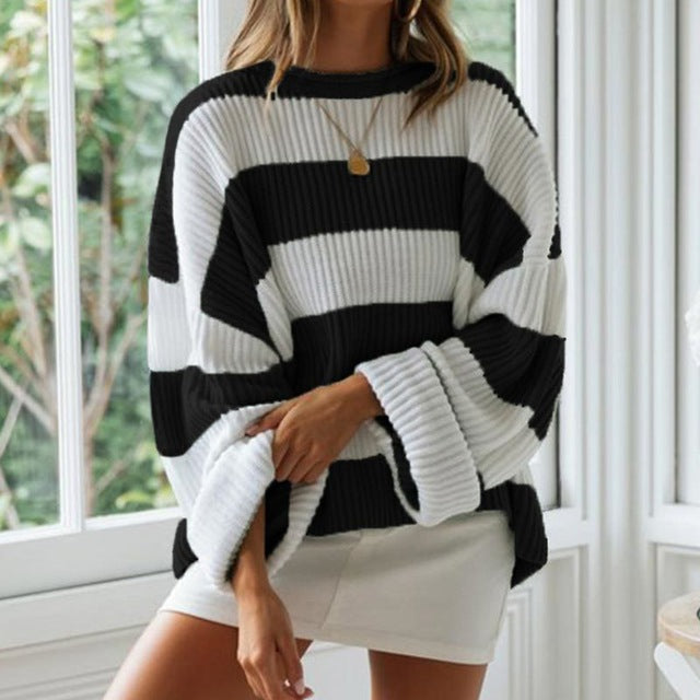 Women's Winter Sweater Stripes Pullover Long Sleeve O-Neck Curling Loose Ladies Sweaters  Autumn New Womens Jumpers - LiveTrendsX