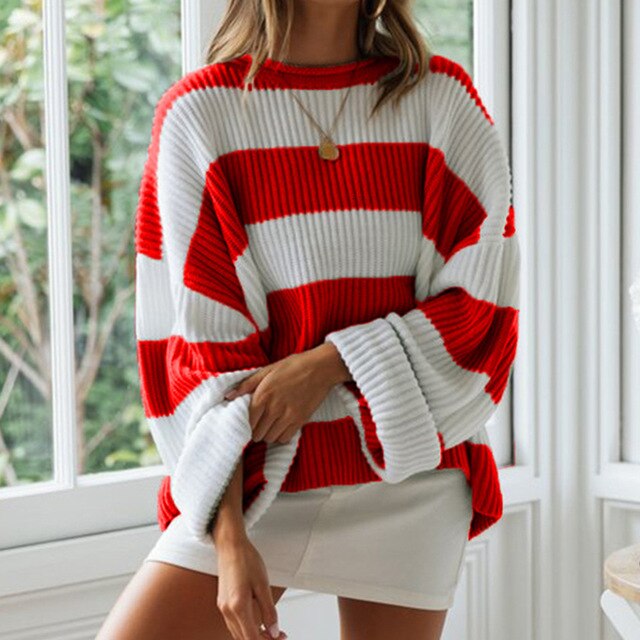 Women's Winter Sweater Stripes Pullover Long Sleeve O-Neck Curling Loose Ladies Sweaters  Autumn New Womens Jumpers - LiveTrendsX