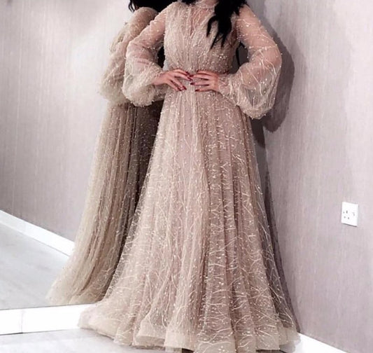 Champange Pearls A-Line Evening Dresses 2020 Dubai Long Sleeves Sexy Tulle Evening Gowns - LiveTrendsX