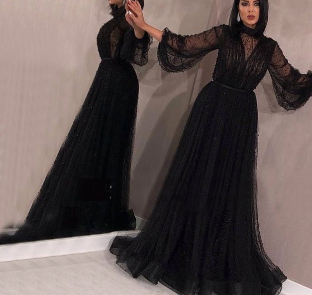 Champange Pearls A-Line Evening Dresses 2020 Dubai Long Sleeves Sexy Tulle Evening Gowns - LiveTrendsX