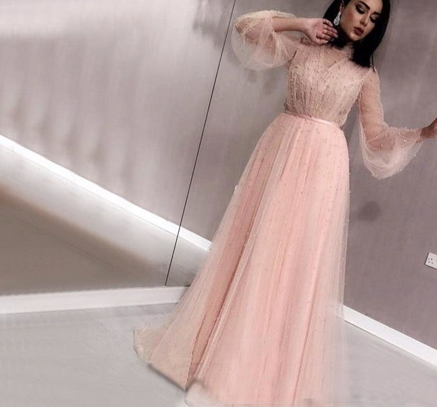 Champange Pearls A-Line Evening Dresses 2020 Dubai Long Sleeves Sexy Tulle Evening Gowns - LiveTrendsX