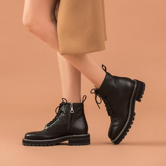 Ankle Boots Women Genuine Cow Leather Lace-Up Slide Zip Round Toe Lady Fashion Boots Winter Shoes Handmade - LiveTrendsX