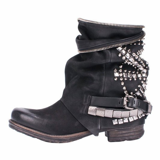 Retro Full Rivets Studded Ankle Boots for Women Autumn Winter Riding Boots Genuine Leather Rubber Flat Ladies Shoes - LiveTrendsX