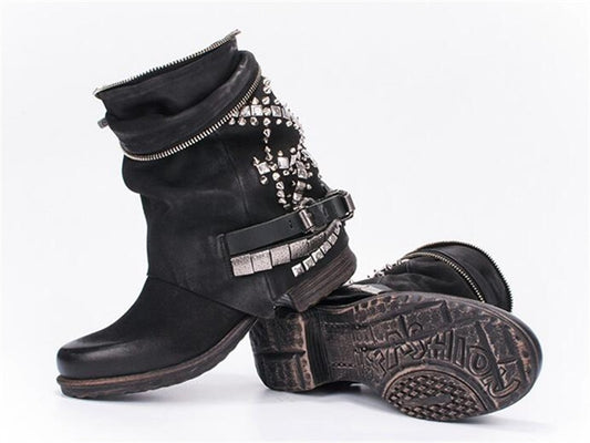 Retro Full Rivets Studded Ankle Boots for Women Autumn Winter Riding Boots Genuine Leather Rubber Flat Ladies Shoes - LiveTrendsX