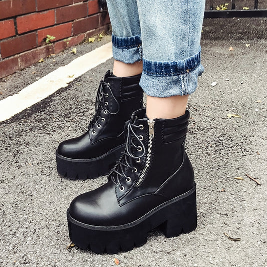 Autumn Ankle Boots For Women Motorcycle Boots Chunky Heels Casual Lacing Round Toe Platform Boots Shoes Female - LiveTrendsX