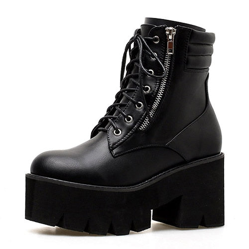 Autumn Ankle Boots For Women Motorcycle Boots Chunky Heels Casual Lacing Round Toe Platform Boots Shoes Female - LiveTrendsX