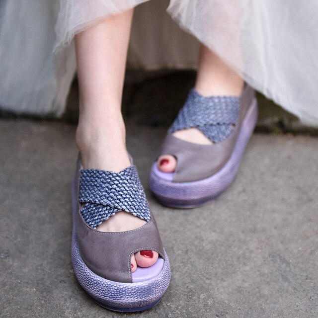 Origional Wedge Heels Platform Women Shoes Peep-toe Sandals Genuine Leather Handmade Shallow Mouth Shoes New - LiveTrendsX