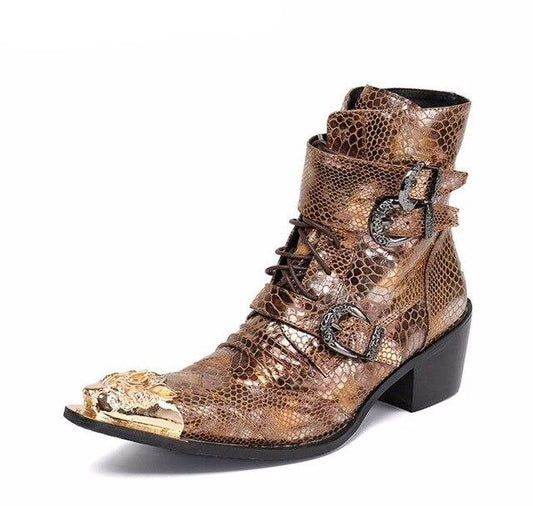 Luxury British Style Men Mid Calf Boots Genuine Leather Motorcycle Cowboy Boots Men Snake Skin Boots Dress Shoes - LiveTrendsX