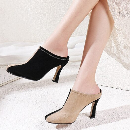 high heels black ladies square toe runway sandals pumps size 4 34 block fashion brand women shoes  suede genuine leather - LiveTrendsX