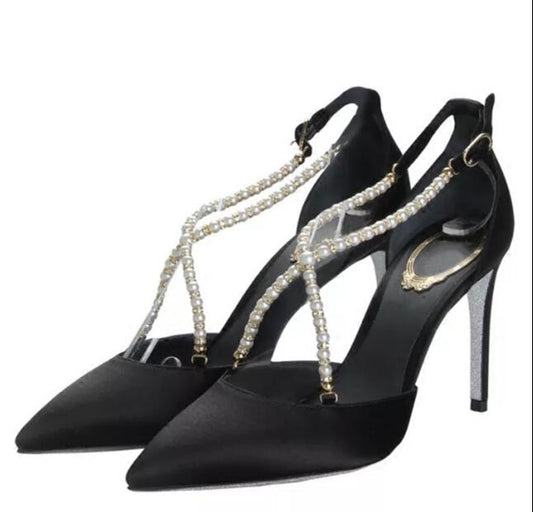 New rhinestone pearls cross strap woman wedding shoes pointed toe high heel satin woman pearls dress shoes wedding shoes white - LiveTrendsX