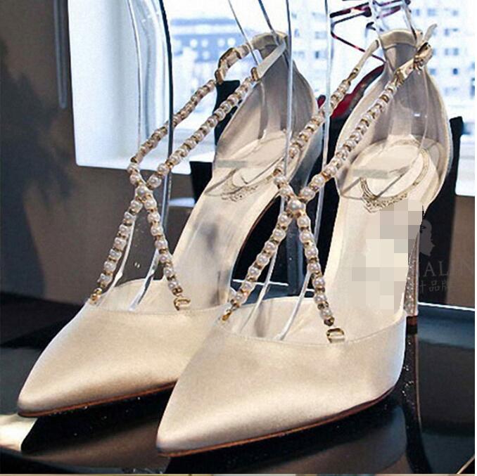 New rhinestone pearls cross strap woman wedding shoes pointed toe high heel satin woman pearls dress shoes wedding shoes white - LiveTrendsX