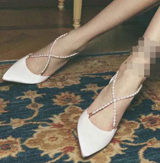New rhinestone pearls cross strap woman wedding shoes pointed toe high heel satin woman pearls dress shoes wedding shoes white - LiveTrendsX