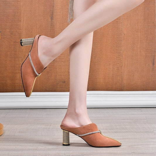 Summer New Casual Fashion Kid Suede Women Sandals Slippers Pumps Mules Rhinestone Pointed Toe High Heels Shoes Woman - LiveTrendsX