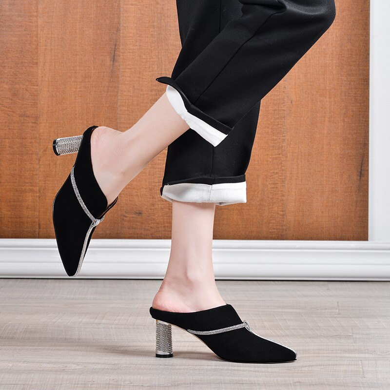 Summer New Casual Fashion Kid Suede Women Sandals Slippers Pumps Mules Rhinestone Pointed Toe High Heels Shoes Woman - LiveTrendsX