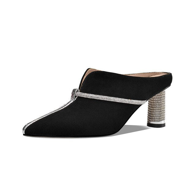 Summer New Casual Fashion Kid Suede Women Sandals Slippers Pumps Mules Rhinestone Pointed Toe High Heels Shoes Woman - LiveTrendsX