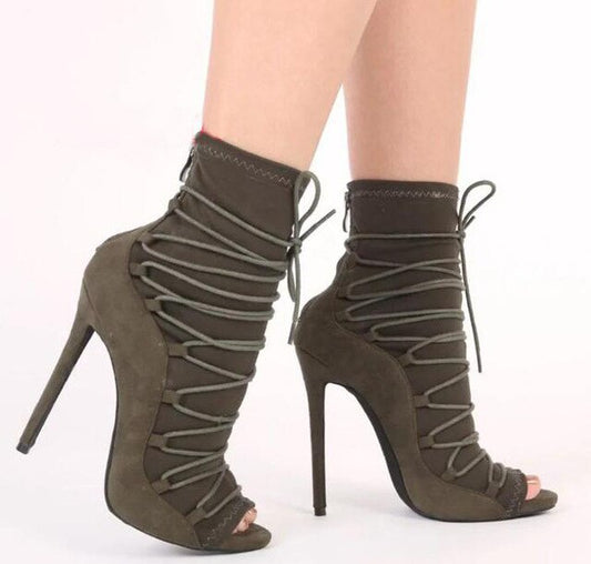 High Quality Women Fashion Open Toe Suede Leather Lace-up Gladiator Boots Super High Heel Ankle Boots - LiveTrendsX