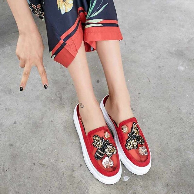 sheep suede slip on round toe summer sneakers female biing flower appliques embroidery beading vulcanized shoes - LiveTrendsX