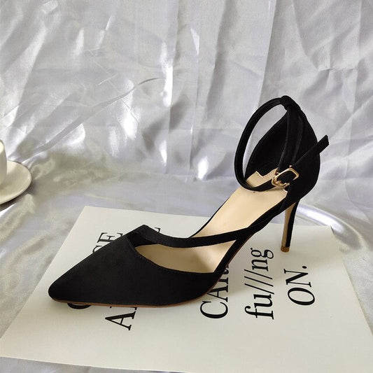 female high heels pointed toe ankle strap  fashion elegant women shoes suede 3 inch thin glitter size 4 34 pumps wine red - LiveTrendsX