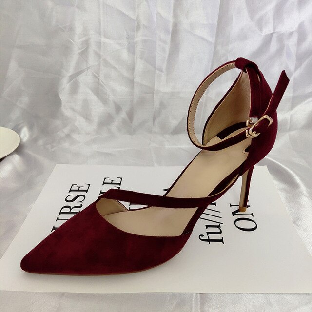female high heels pointed toe ankle strap  fashion elegant women shoes suede 3 inch thin glitter size 4 34 pumps wine red - LiveTrendsX
