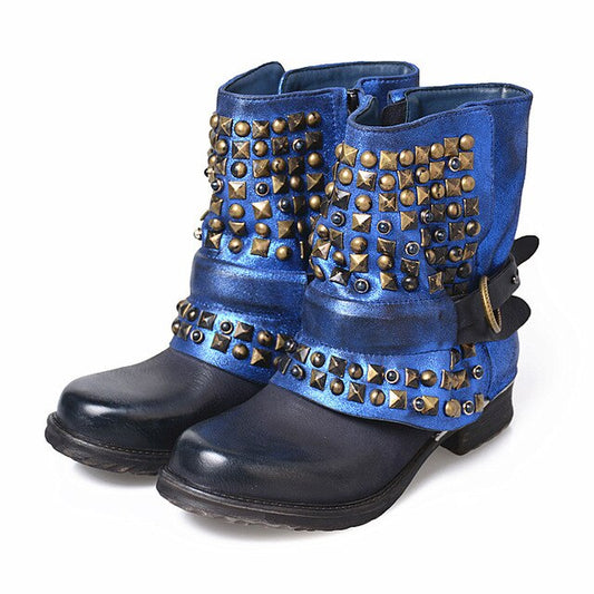 Full Rivets Women Ankle Boots Vintage Autumn Winter Belt Buckle Shoes Woman Side Zipper Genuine Leather Riding Boots - LiveTrendsX