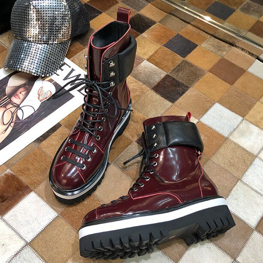 Woman Leather Ankle Boots Med Platform Metal Decor Martin boots Lace-Up botas mujer Woman - LiveTrendsX