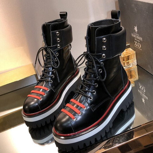 Woman Leather Ankle Boots Med Platform Metal Decor Martin boots Lace-Up botas mujer Woman - LiveTrendsX