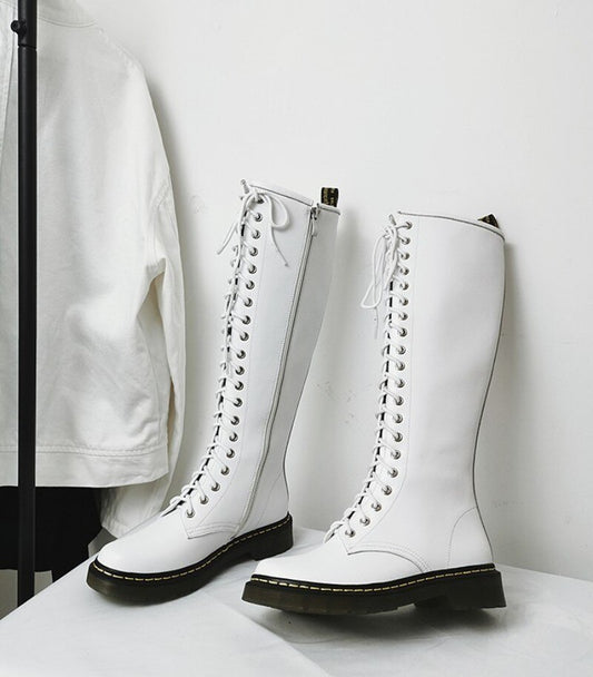 Autumn  Winter Genuine Leather Womens Knight Boots Round Toe Cross Tied Side Zipper Female Ridding Boots Flat Heel High Boots - LiveTrendsX