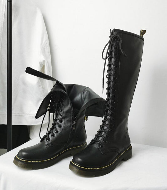 Autumn  Winter Genuine Leather Womens Knight Boots Round Toe Cross Tied Side Zipper Female Ridding Boots Flat Heel High Boots - LiveTrendsX