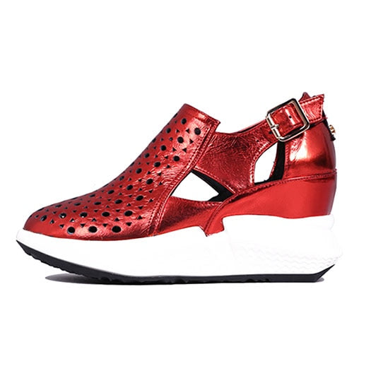 Wedge Pumps High Heels Metallic Sandals Red Patent Platform Shoes Women Genuine Leather Casual Creepers Harajuku Silver Round - LiveTrendsX