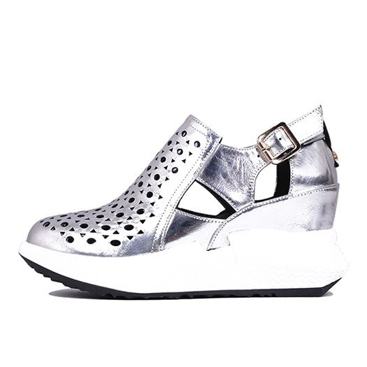 Wedge Pumps High Heels Metallic Sandals Red Patent Platform Shoes Women Genuine Leather Casual Creepers Harajuku Silver Round - LiveTrendsX