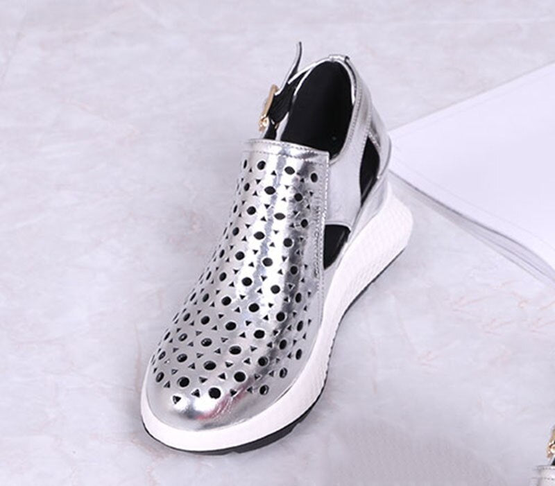 Wedge Pumps High Heels Metallic Sandals Red Patent Platform Shoes Women Genuine Leather Casual Creepers Harajuku Silver Round - LiveTrendsX